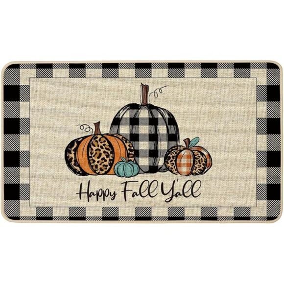 Happy Fall Y'all Doormat Buffalo Check Plaid Pumpkin Door Mats Autumn 17x29 inch - Picture 1 of 6